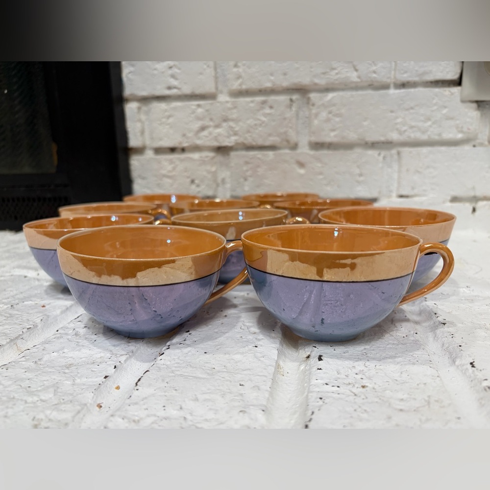 10 Vintage Meito China Hand painted Iridescent blue porcelain tea cups w/Saucers - Picture 4 of 11